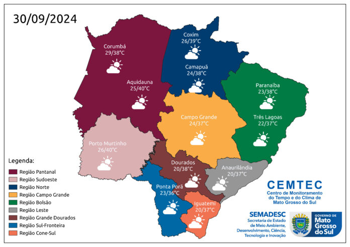 MS começa a semana com altas temperaturas e tempo seco, mas avanço de frente fria pode provocar chuvas