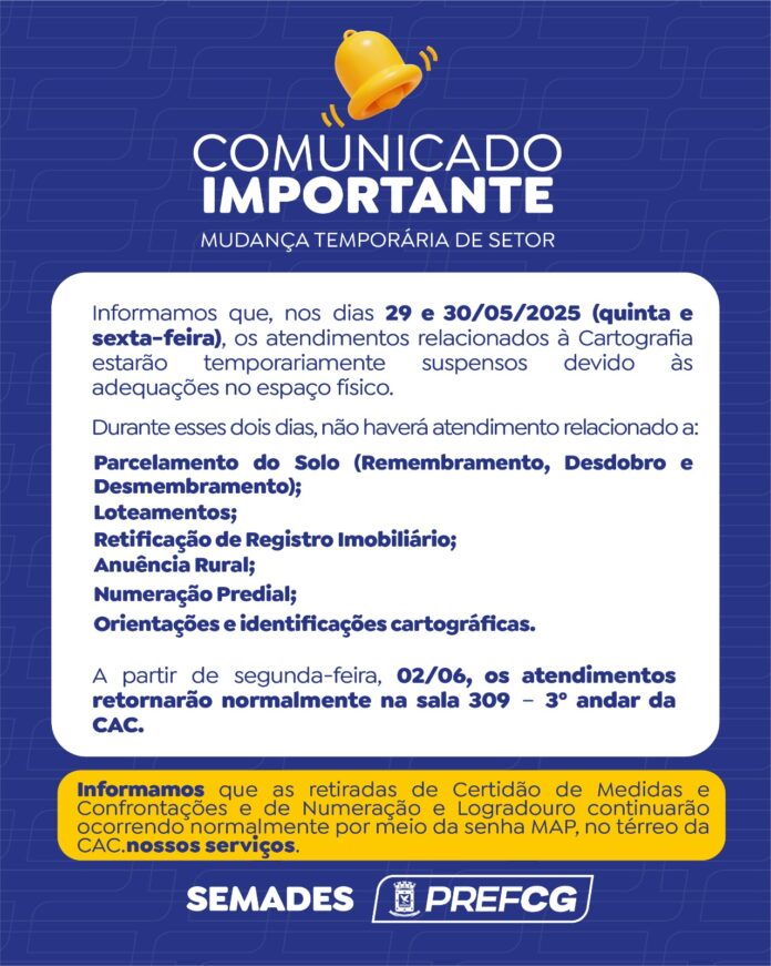 Atendimentos de Cartografia serão suspensos nos dias 29 e 30 de maio para adequações no espaço
