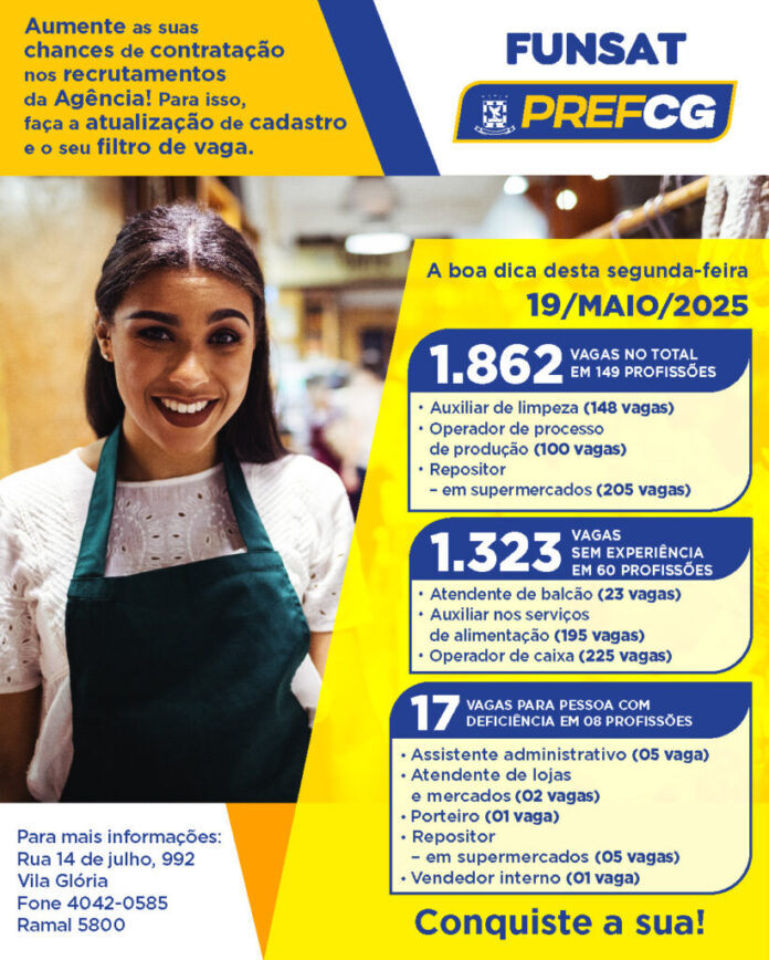 Quadro de contratações pela Funsat tem 1.862 vagas nesta segunda-feira (19)