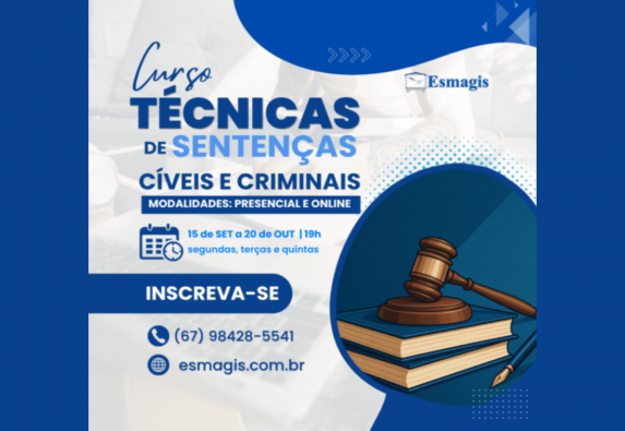 Última semana de inscrições no curso de Técnicas de Sentenças Imagem notícia Última semana de inscrições no curso de Técnicas de Sentenças Cíveis e Criminais da Esmagis