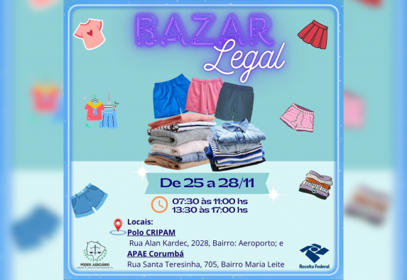 TJMS realiza Bazar Legal em Corumbá até o dia 28 Imagem notícia TJMS realiza Bazar Legal em Corumbá até o dia 28 de novembro